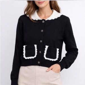 H&M Black & White Contrast Collar Cardigan Sweater with Flower Buttons
